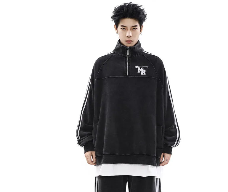 American retro casual sports sweater with stand collar in black polyester fabric