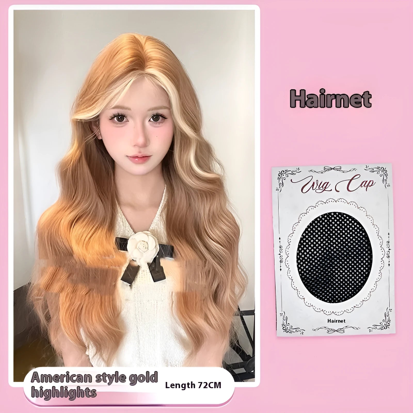 Long curly synthetic wig in American highlight gold colour with a natural one-word lace front.
