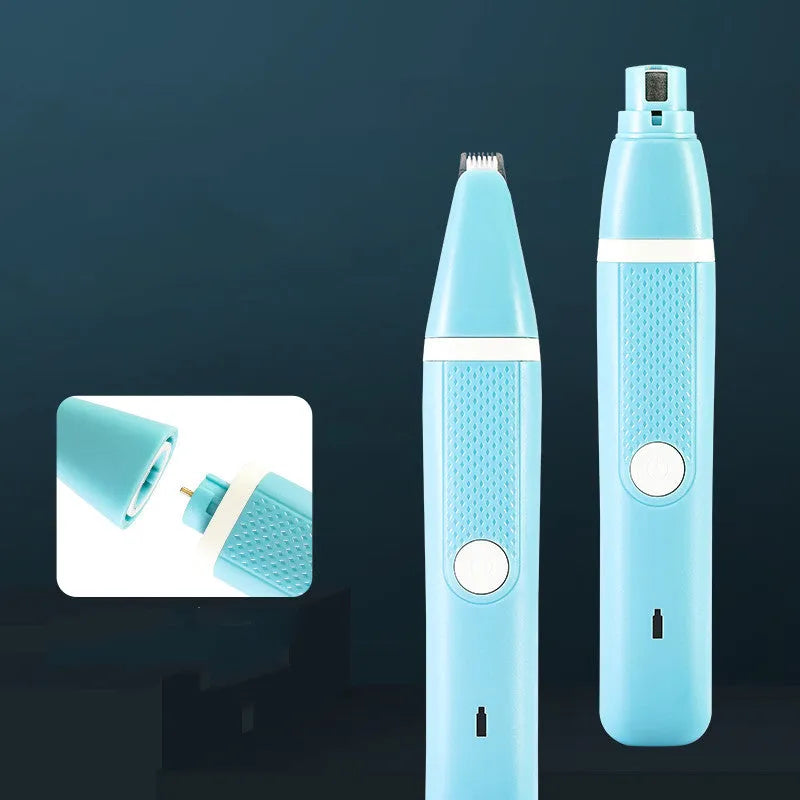 Dual purpose pet hair trimmer and nail polisher in Blue or White, ABS body, USB rechargeable, with accessories