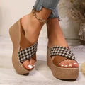 Cross leopard plaid wedge sandals in brown and black patterns with rubber soles