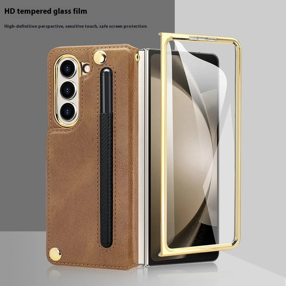 PU leather phone case for Samsung Z Fold 5 with bracket, pen slot, and card storage in black electroplated finish
