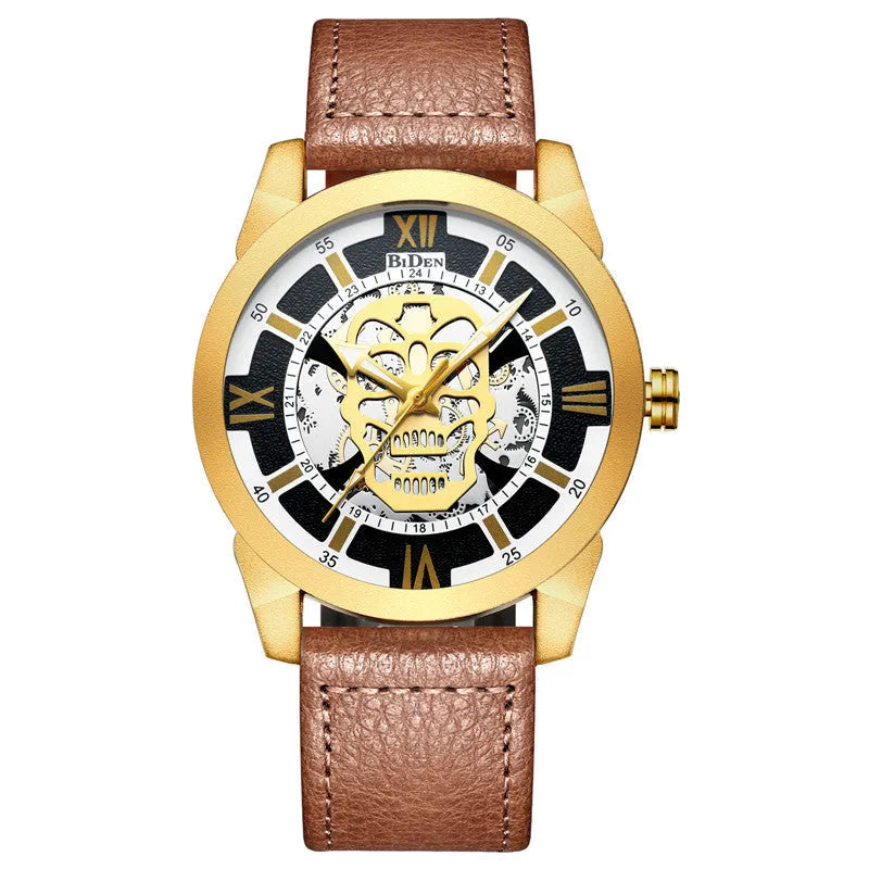 Biden men's hollow case quartz watch with calendar on dial, shown with black and brown leather strap options.