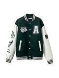 Men's college style stand up collar embroidered letter jacket in straight fit polyester, side slit pockets, single breasted