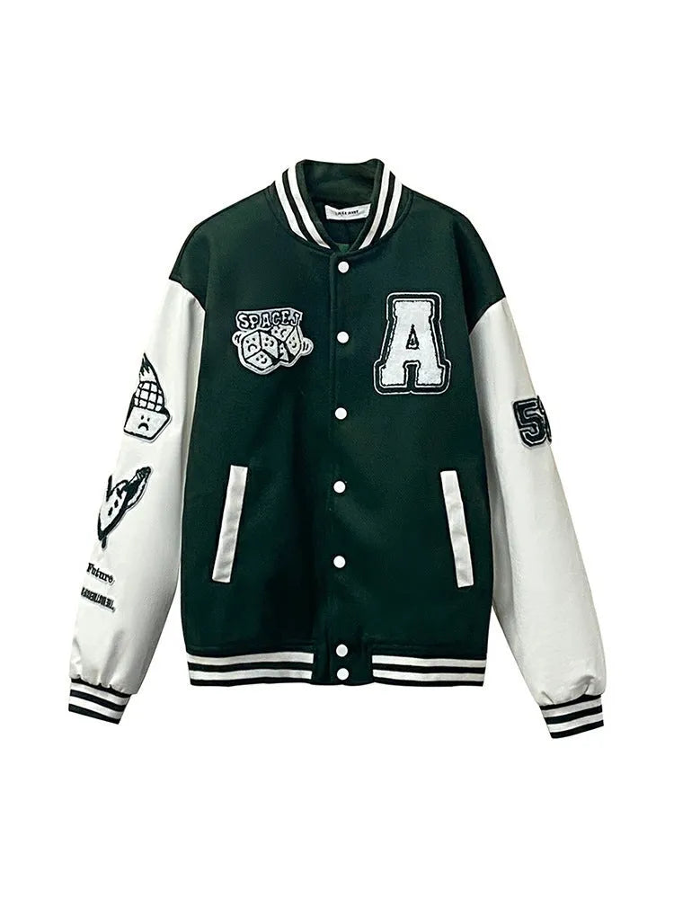Men's college style stand up collar embroidered letter jacket in straight fit polyester, side slit pockets, single breasted