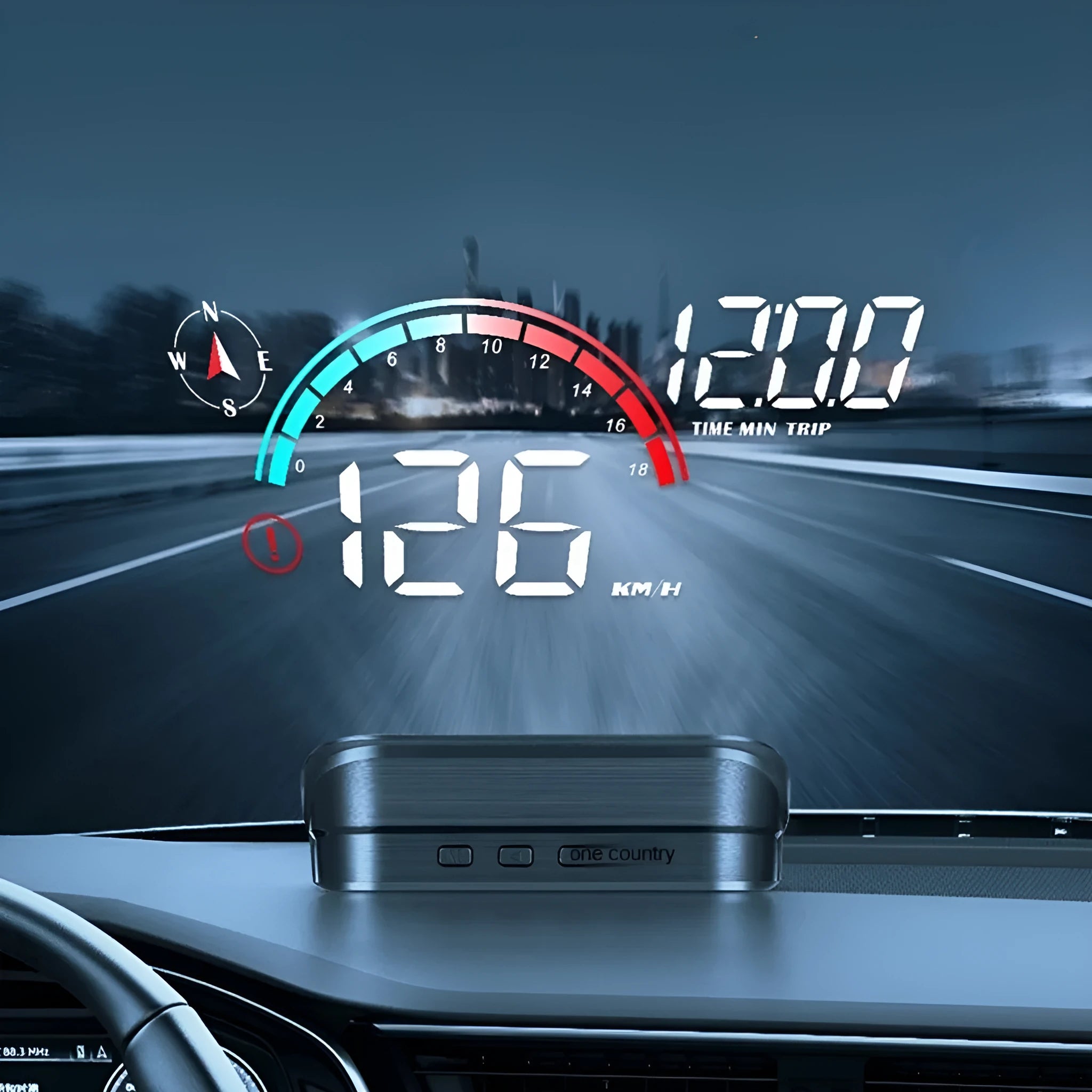 Black universal head-up display (HUD) car projector unit for windscreen speed and compass projection.