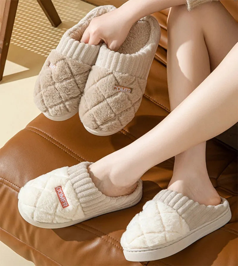 Solid rhombic letter home slippers in thickened artificial plush with EVA non-slip sole and car stitching detail