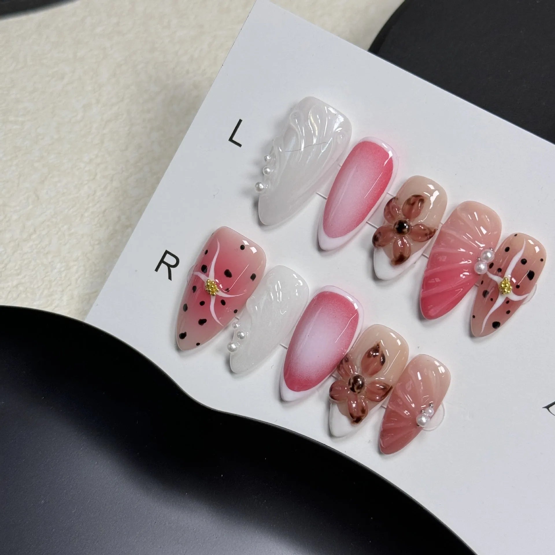 Nail art beauty patches with hand-painted 3D carved designs and embossed candy patterns