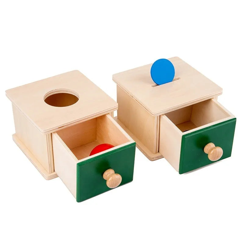Wooden coin box drawer game teaching aid for infants 0-3 years, 14.5x13x9cm size, ball rectangular drawer colour