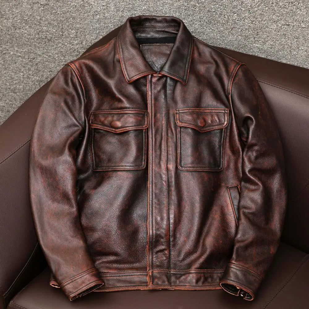 Men's black plus size lapel leather jacket with side pockets on mannequin