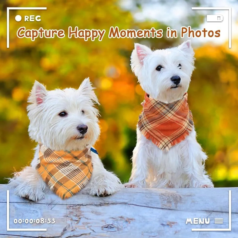 Classic plaid dog bandana with tassel edges in autumn colours of brown, green, orange, red, yellow.