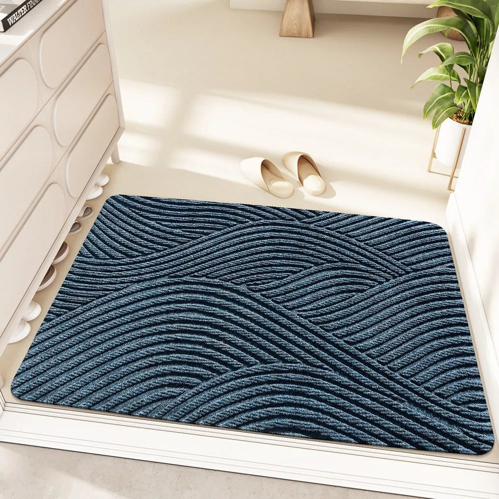 Silk ring diatom earth entrance mat in alien shape with cartoon anime pattern, colours green grey khaki blue