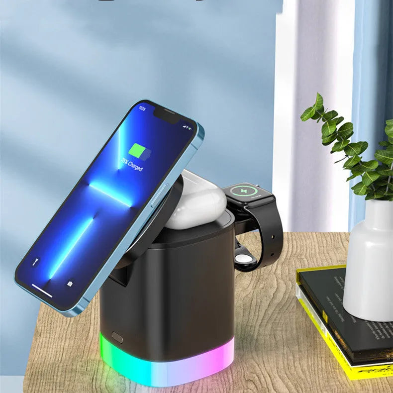 Black foldable 3-in-1 magnetic wireless charging station showing phone, watch and earbuds charging simultaneously.