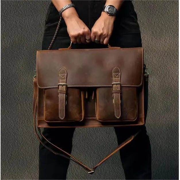 Cowhide leather crossbody computer bag in dark brown with business styling and anti-theft features