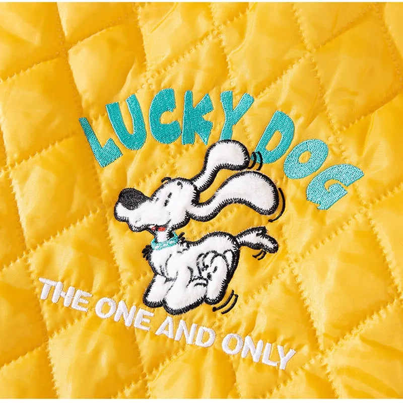 Quilted cotton brown pet vest for large dogs with Lucky Dog embroidery and leash ring