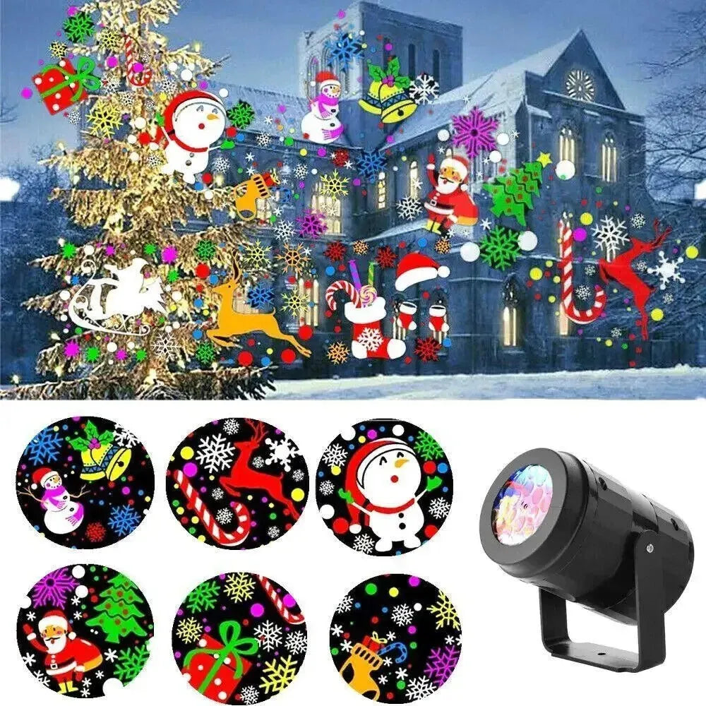 Christmas snowflake projector light displaying rotating Santa Claus and snowflake patterns for outdoor holiday decor