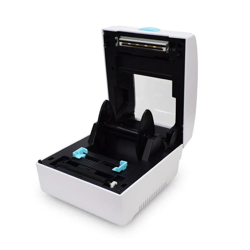 White Bluetooth thermal label printer with USB and wireless connectivity for heat-sensitive labels