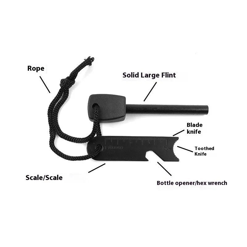 Black outdoor multifunctional survival flint with magnesium rod and stainless steel scraper tool.