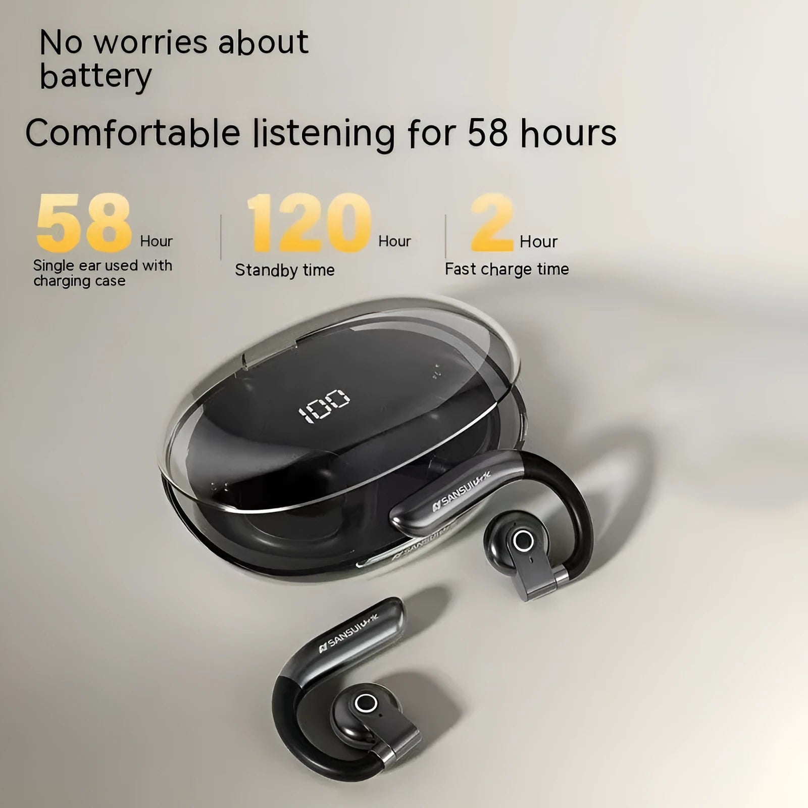 Black ear-mounted non-in-ear Bluetooth headset with charging case and cable