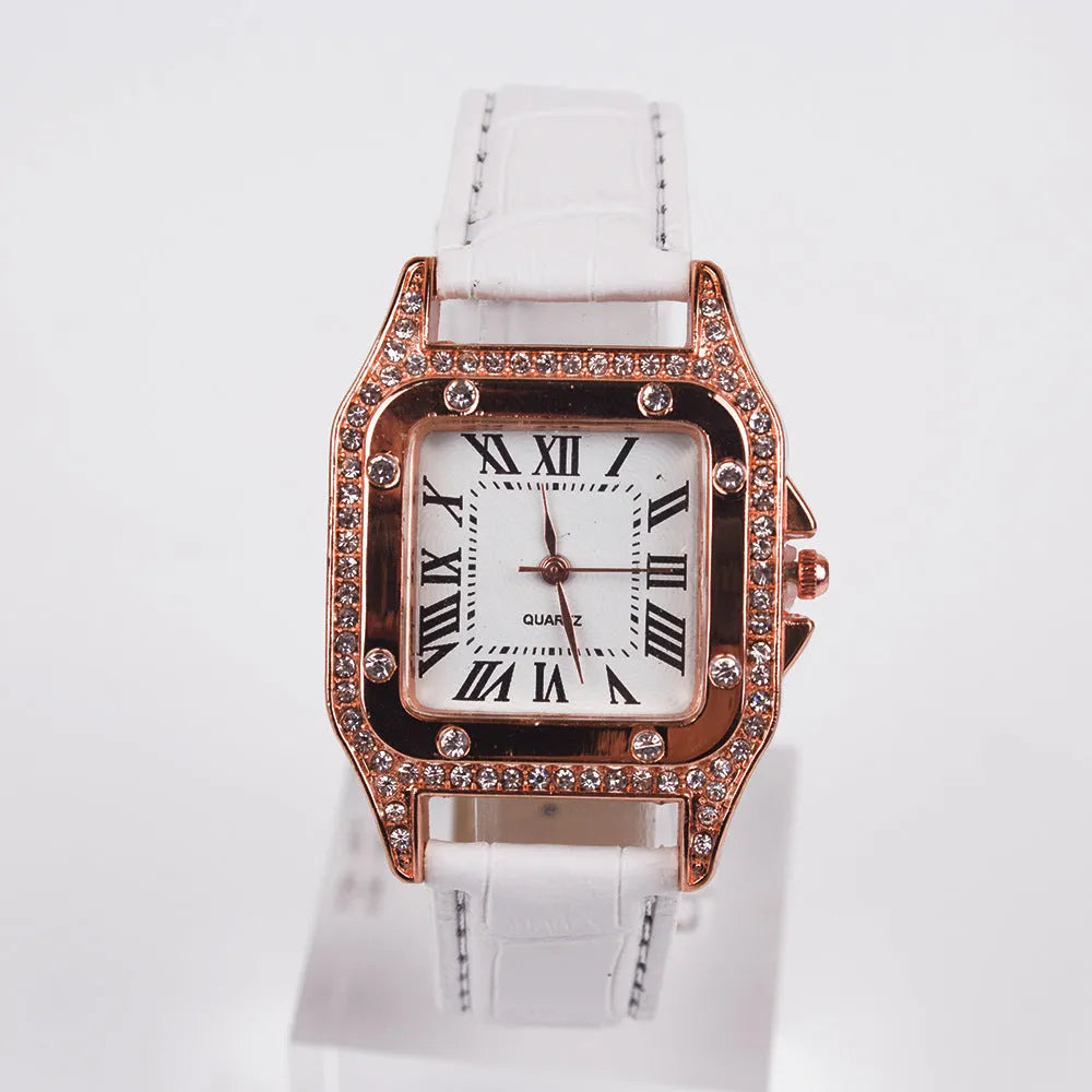 Women's two-piece watch and bracelet set with quartz movement, alloy case and glass lens in pink, red, black, brown or white
