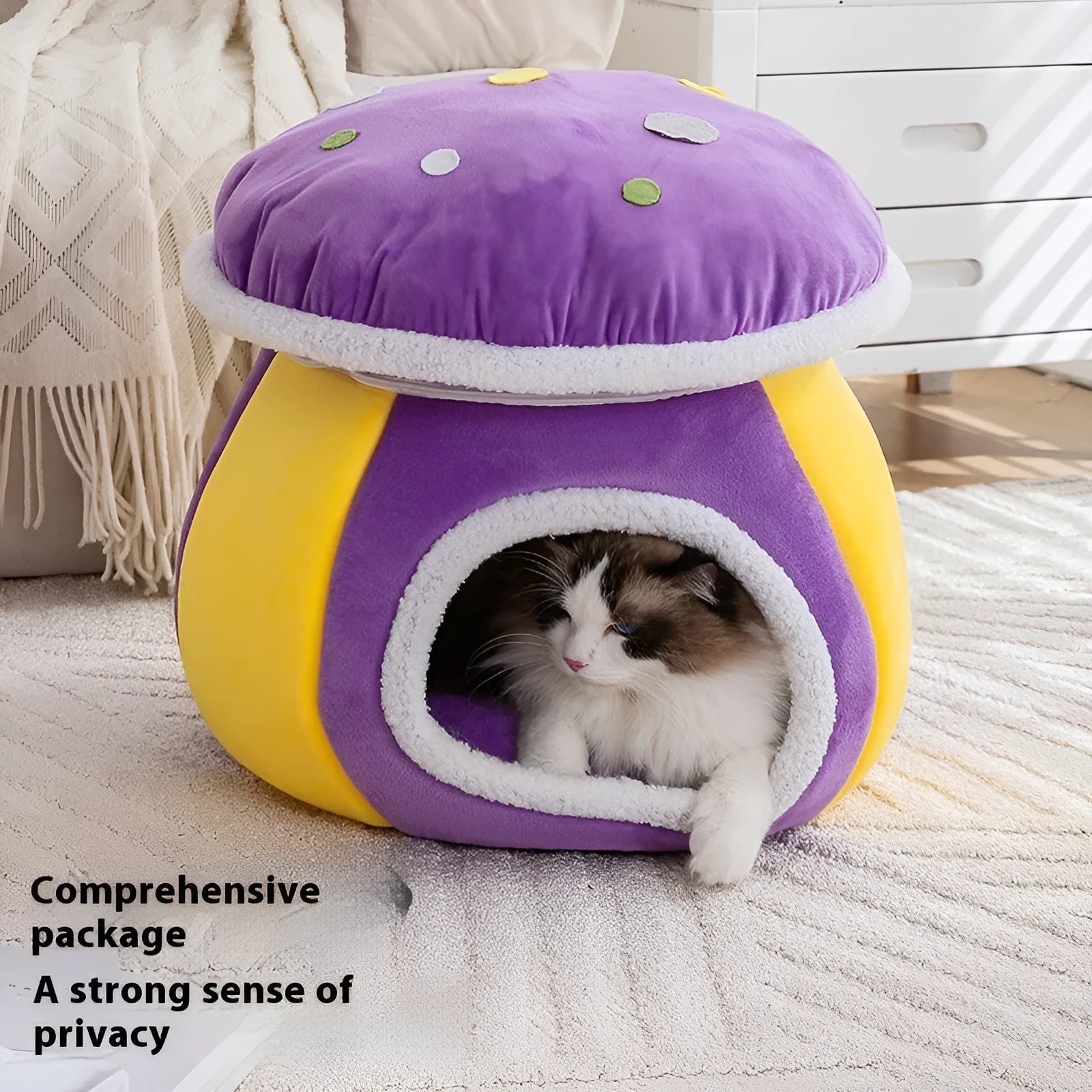 Grey mushroom-shaped cat bed made of thick plush, with a removable blanket inside.