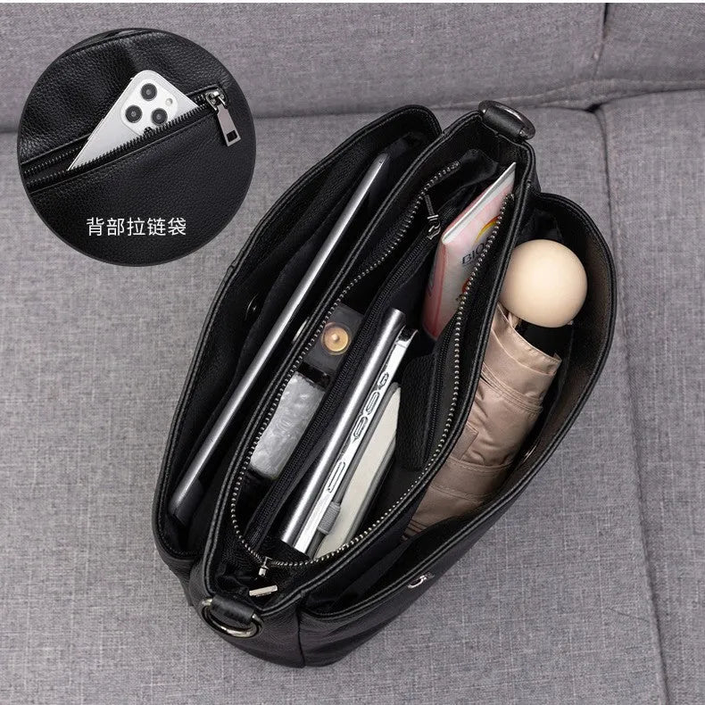 Pure cowhide genuine leather women's handbag top grain medium soft horizontal square plaid urban minimalist style