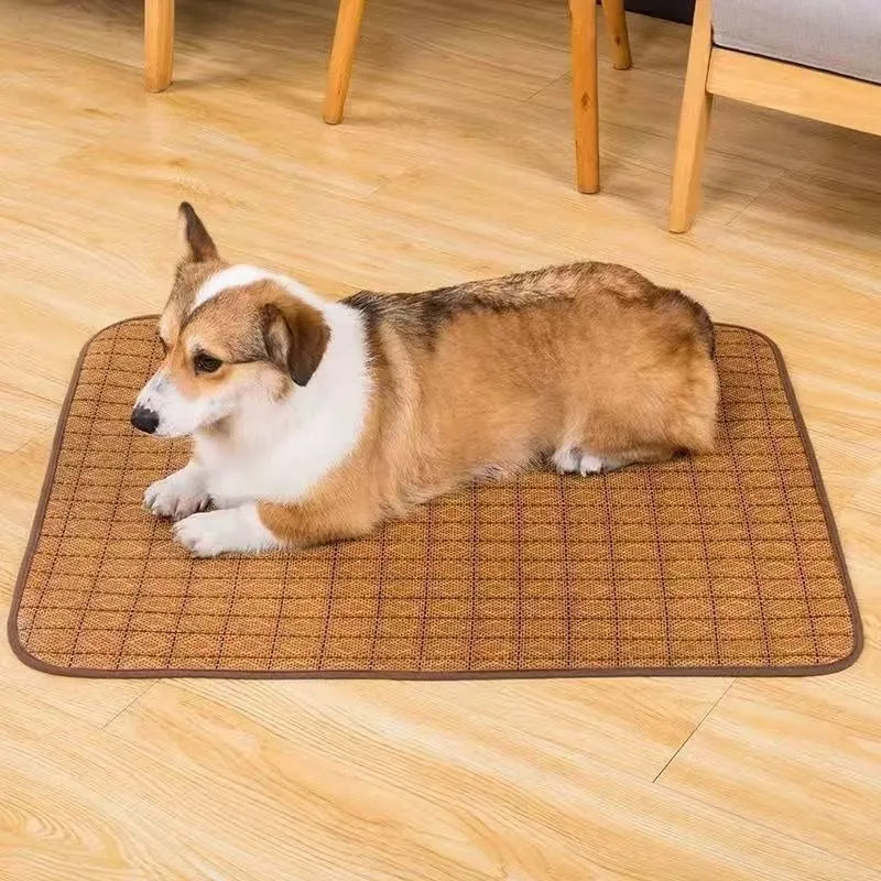 Brown rattan fibre cooling mat for dogs on a wooden floor.