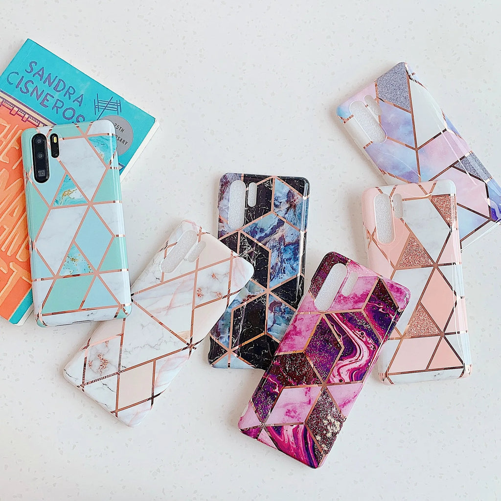 Electroplated marble pattern TPU phone case for Huawei and Samsung smartphones in various colours.