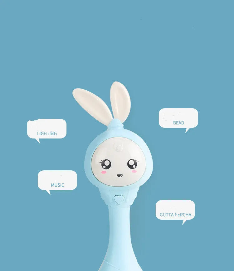 Baby musical teething stick toy in light blue, mint green, orange or pink with safe ABS plastic chewing surfaces