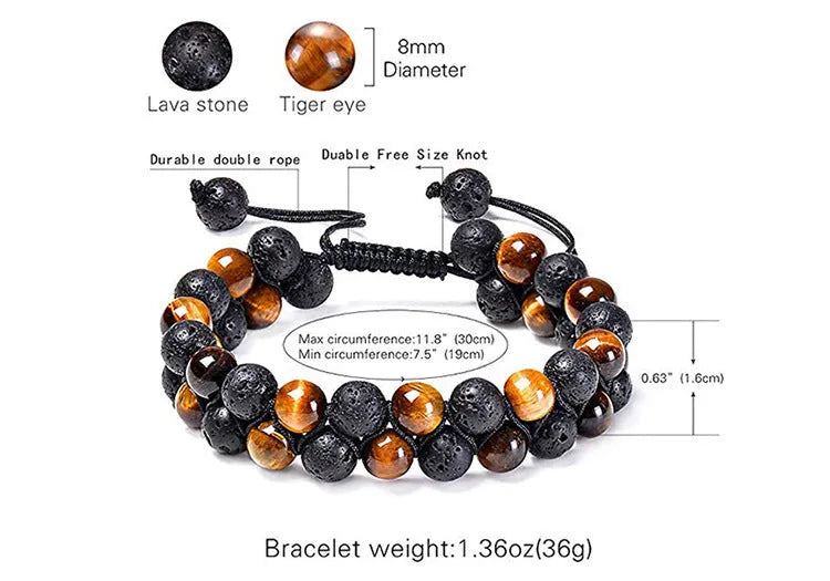 Matte black agate couple bracelets with geometric beads and tiger eye design
