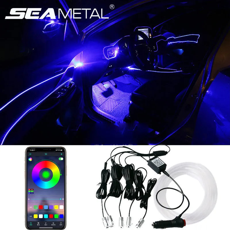 Car fibre optic ambient light kit with RGB APP control, music rhythm mode, DC12V 9W, for door and footwell