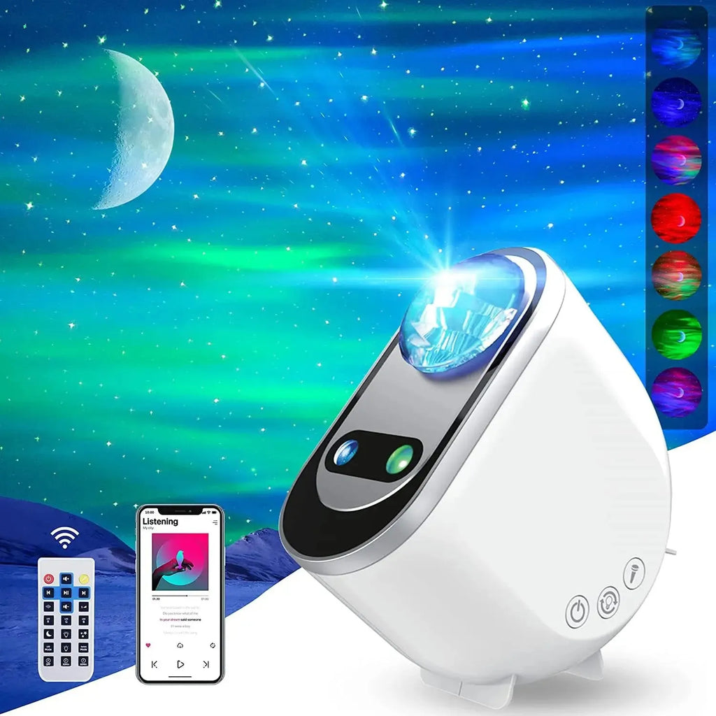 White ABS galaxy star projector lamp with remote control projecting Northern Lights aurora and stars on a dark wall