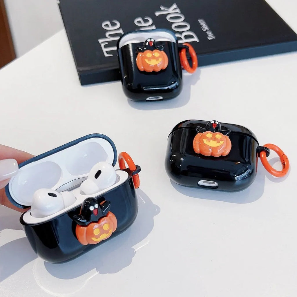 Halloween TPU earbuds case for AirPods with ghost pumpkin design, showing all-inclusive fit over charging case