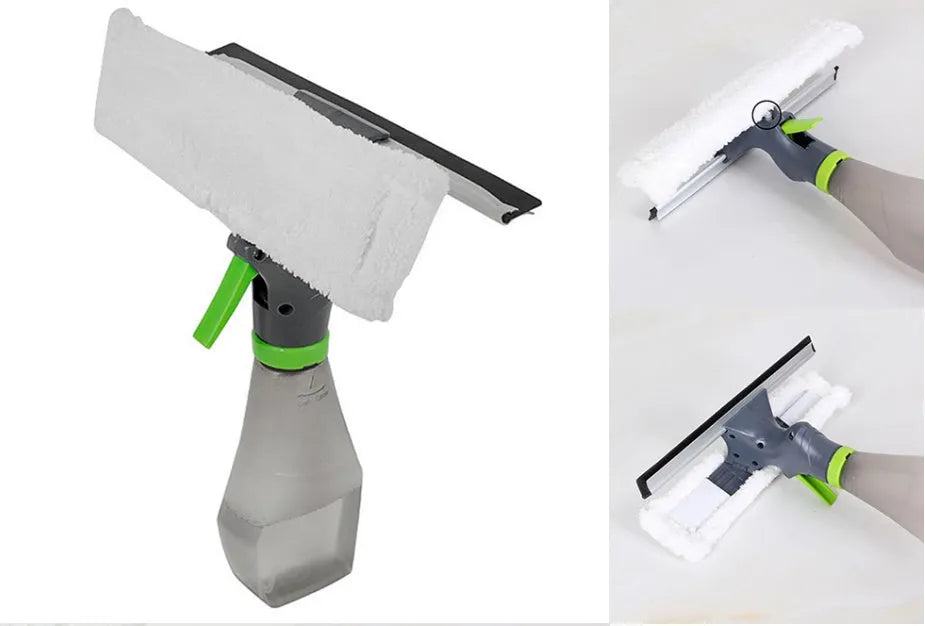 3-in-1 handheld car cleaning brush with spray bottle, microfibre cloth, and silicone squeegee on a glass surface