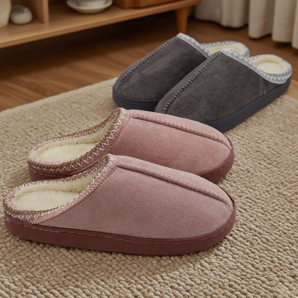 Pair of winter indoor slippers with thick 3cm PVC sole and warm artificial velboa lining, shown in black, coffee, gray and pink.