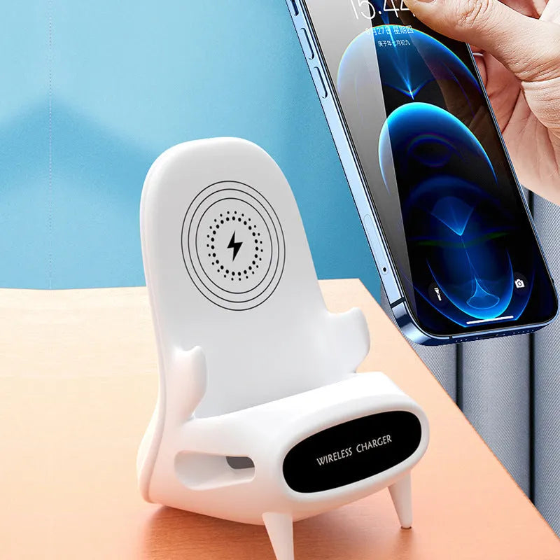 White mini chair-shaped wireless phone charger with 10W fast charging capability on desk