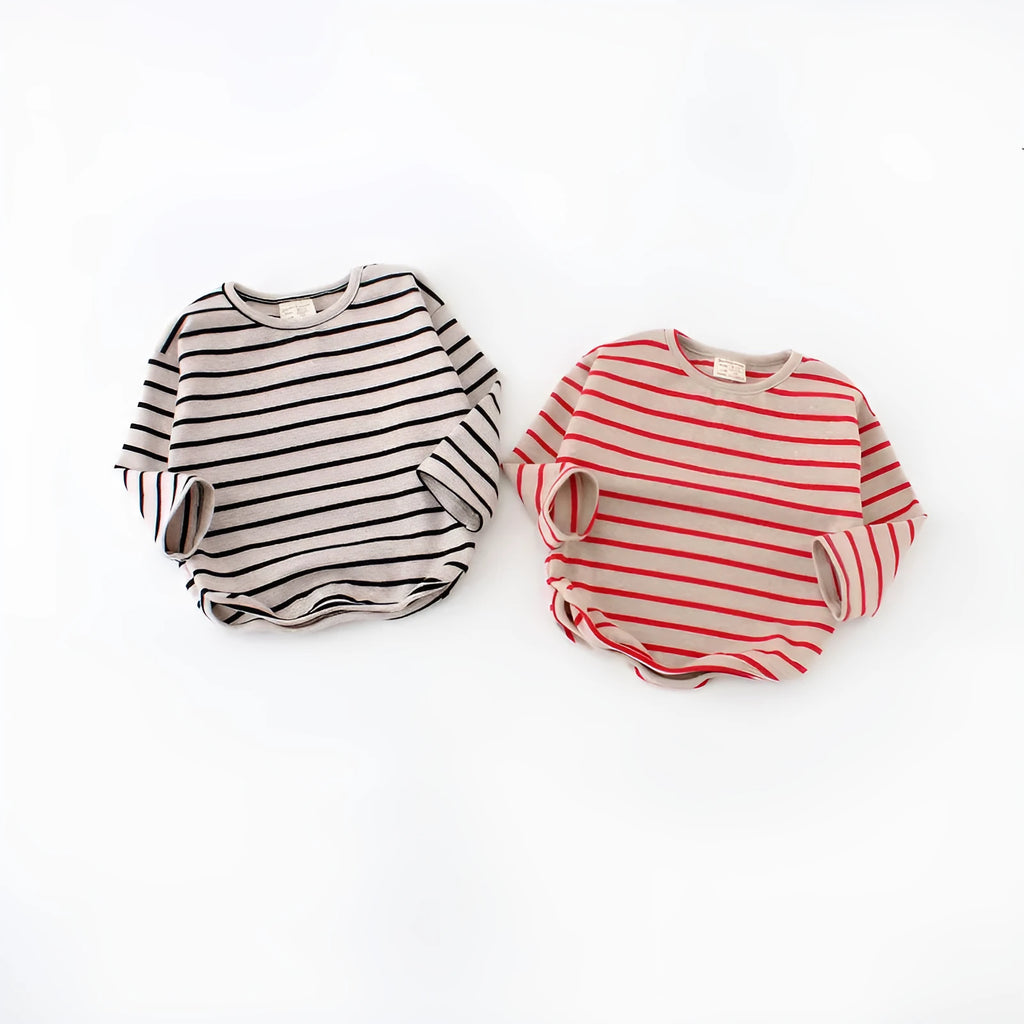 Striped cotton long sleeve t-shirt for baby girls in black or red colours with size options from 80 to 104