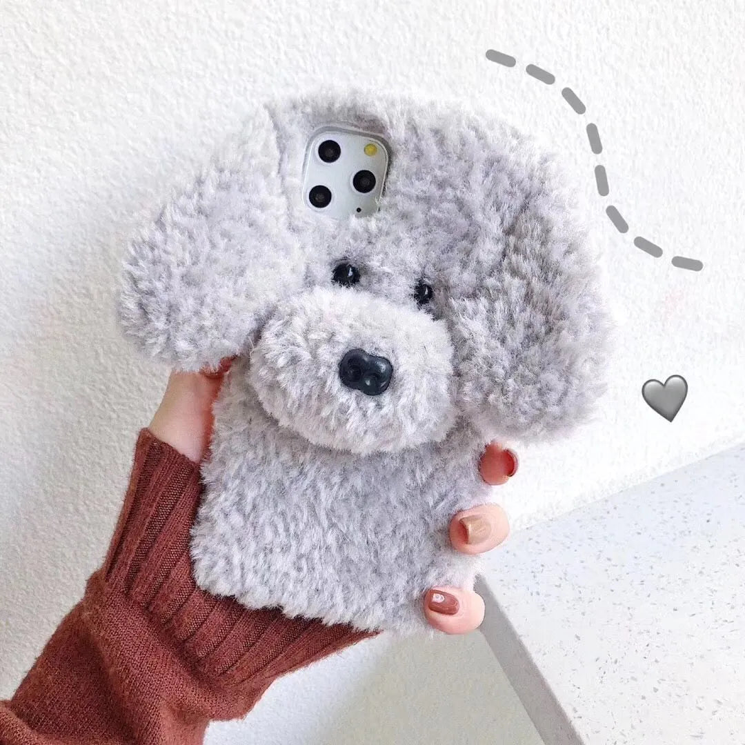 Plush teddy pet dog soft phone case for iPhone in brown colour