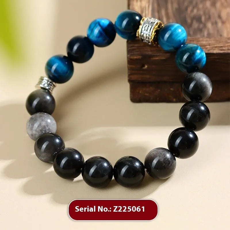Handmade peacock blue tigereye stone bracelet with geometric ethnic design and adjustable silver fastening