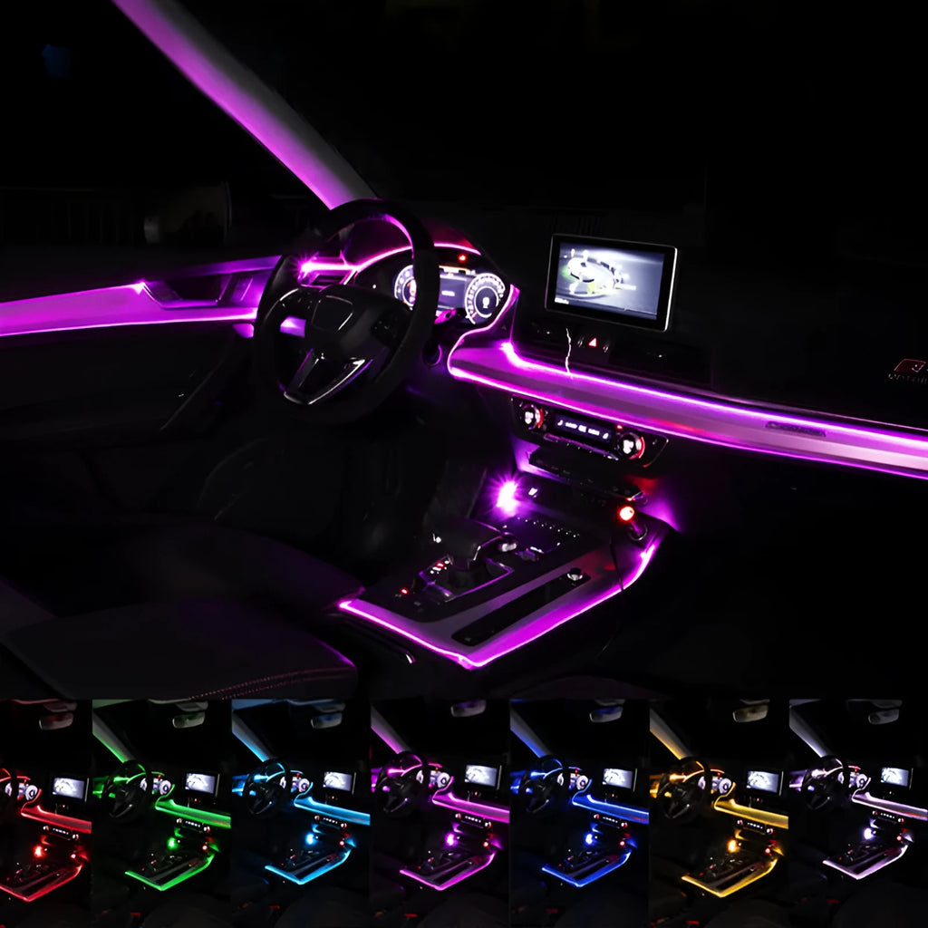 Car fibre optic ambient light kit with RGB APP control, music rhythm mode, DC12V 9W, for door and footwell
