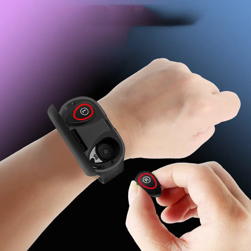 Smart bracelet with integrated wireless earphones showing 1-inch colour touchscreen on silicone wristband