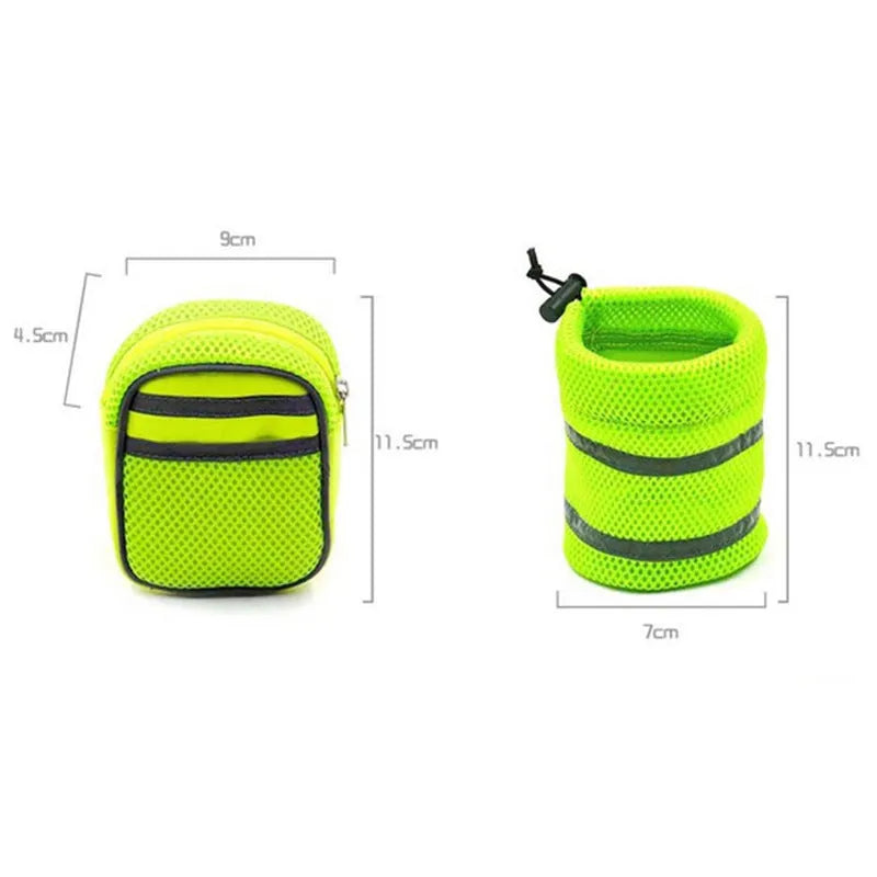 Adjustable hands-free dog leash running set with nylon retractable rope, waist belt, and two storage bags on a person jogging