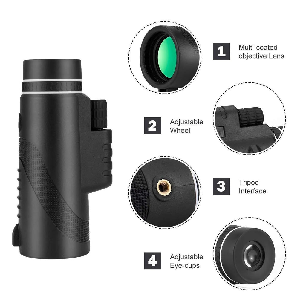 Black 40x60 monocular telescope with compact 144mm design for outdoor observation