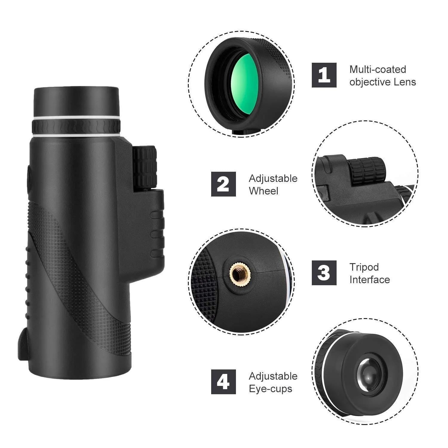 Black 40x60 monocular telescope with compact 144mm design for outdoor observation