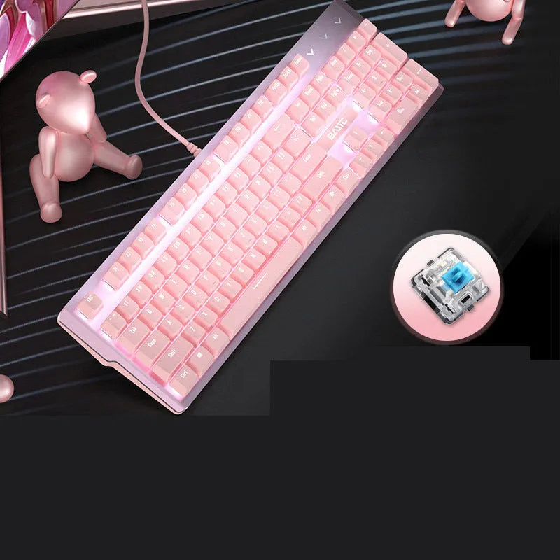 Girly pink colour full-size 104-key mechanical keyboard with wired USB cable