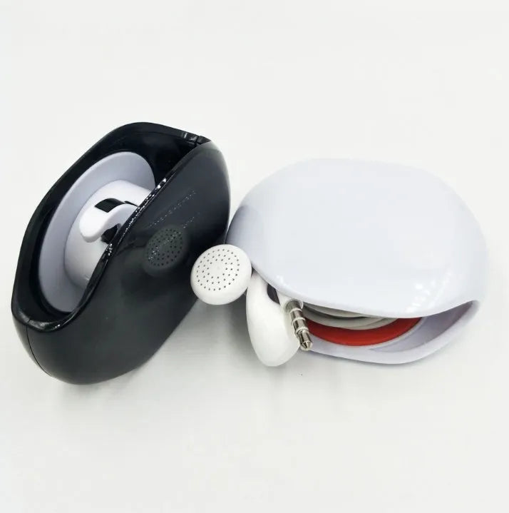 Automatic earphone cable retractor winder in multiple colours on a white background.