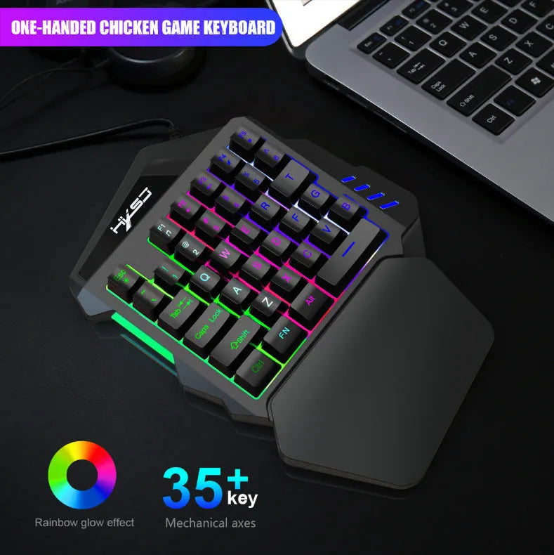 V100 one-handed mini portable black gaming keyboard and mouse set with USB 2.0, 35 keys, and 1.6m cable