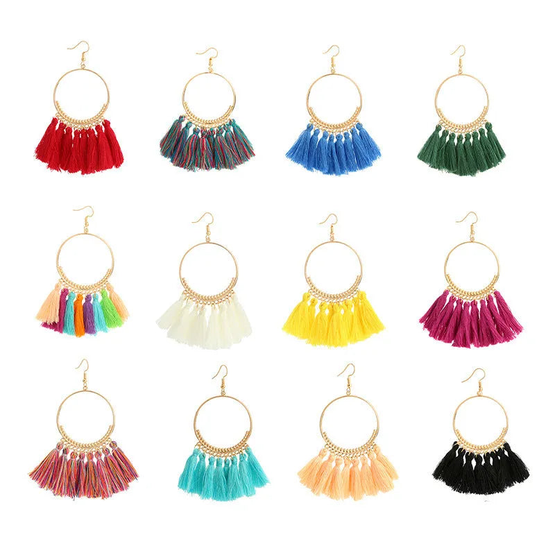 Big round drop dangle earrings in hand-woven alloy with geometric design, available in multiple colours