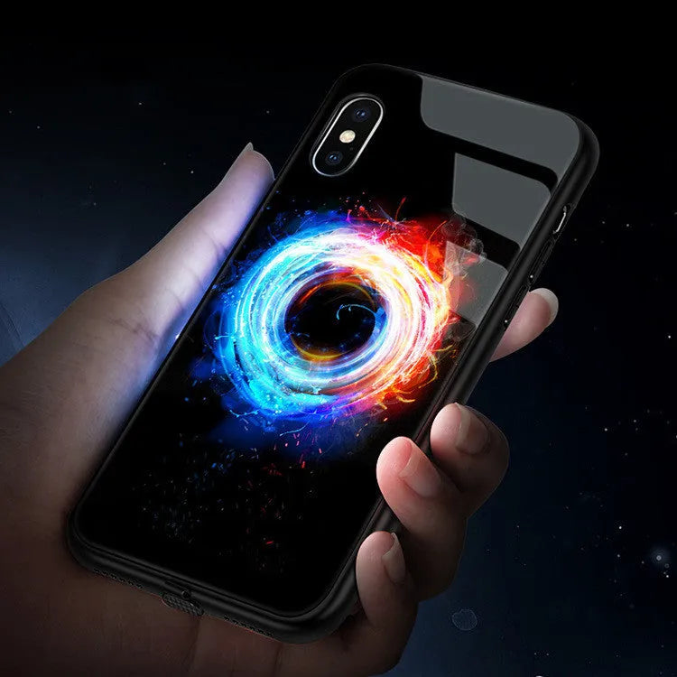 Voice-activated iPhone case with tempered glass back and colourful LED flash, showing cool lightning graphic design.