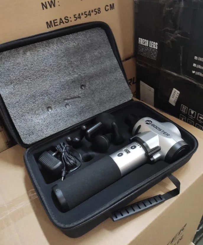 Black and white muscle massage gun with adjustable speed settings for muscle relaxation.