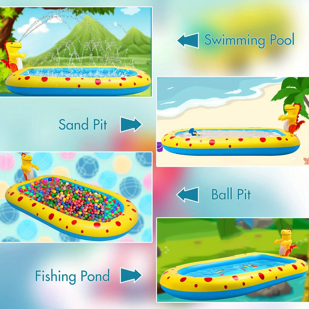 Blue dinosaur inflatable water spray pool with pet play mat and shark toy in garden setting